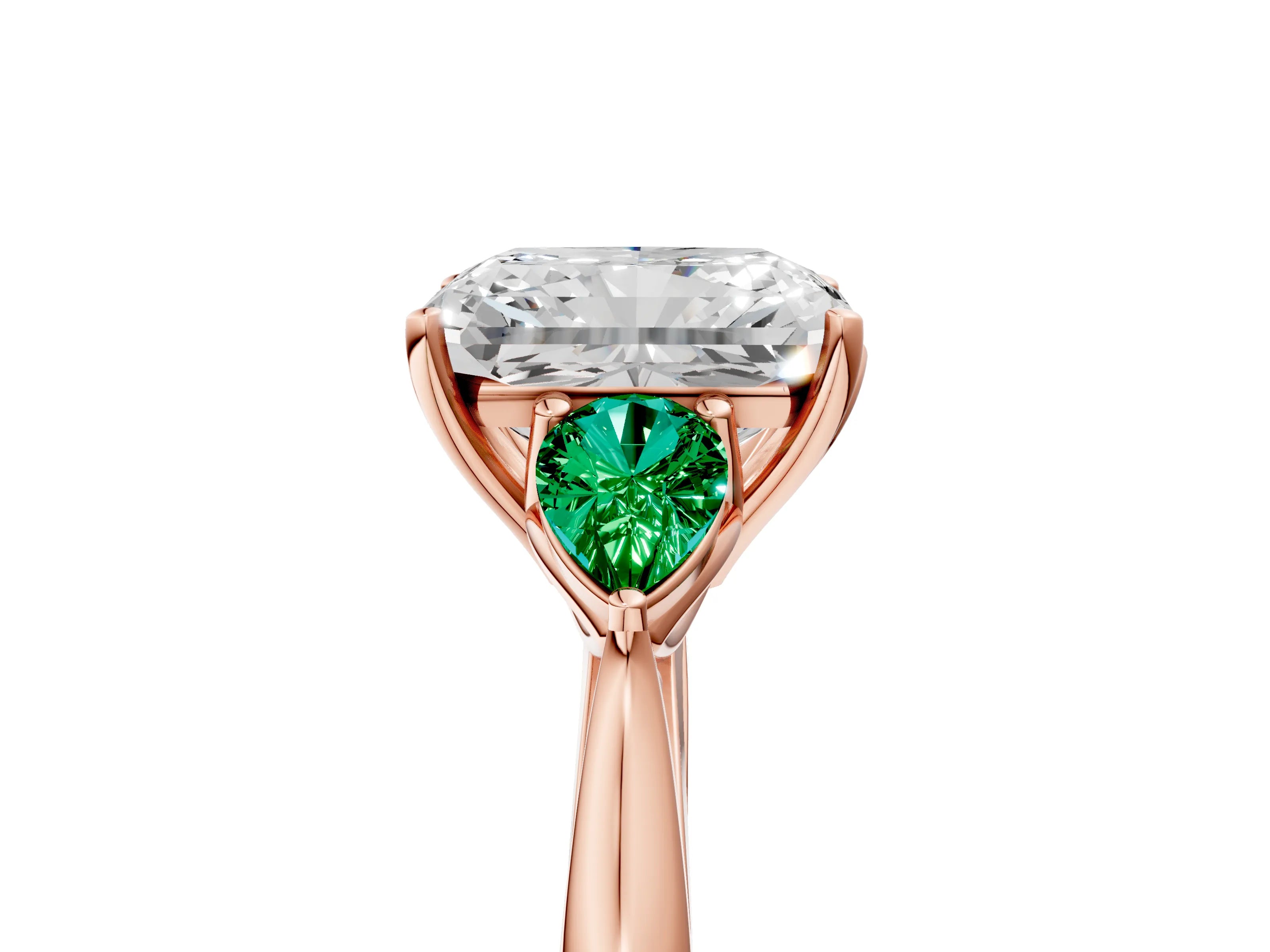 Rose gold Radiant Cut Diamond Three-Stone Ring with Pear with Emerald side stone Side Stones and Prong Setting_5