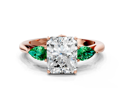 Rose gold Radiant Cut Diamond Three-Stone Ring with Pear with Emerald side stone Side Stones and Prong Setting