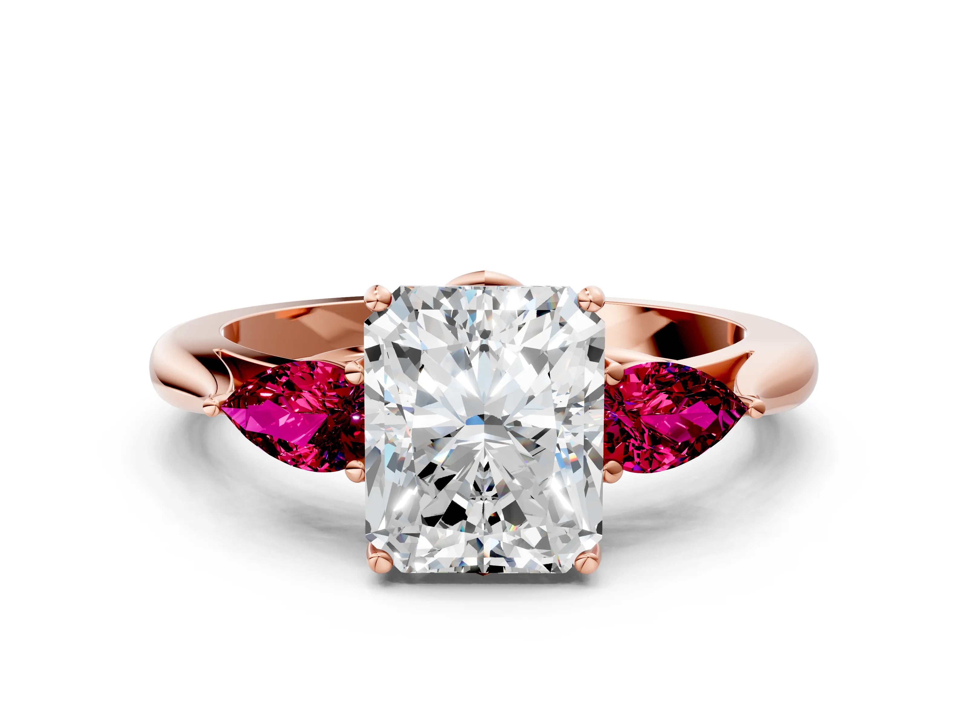 Rose gold Radiant Cut Diamond Three-Stone Ring with Pear with Garnet side stone Side Stones and Prong Setting
