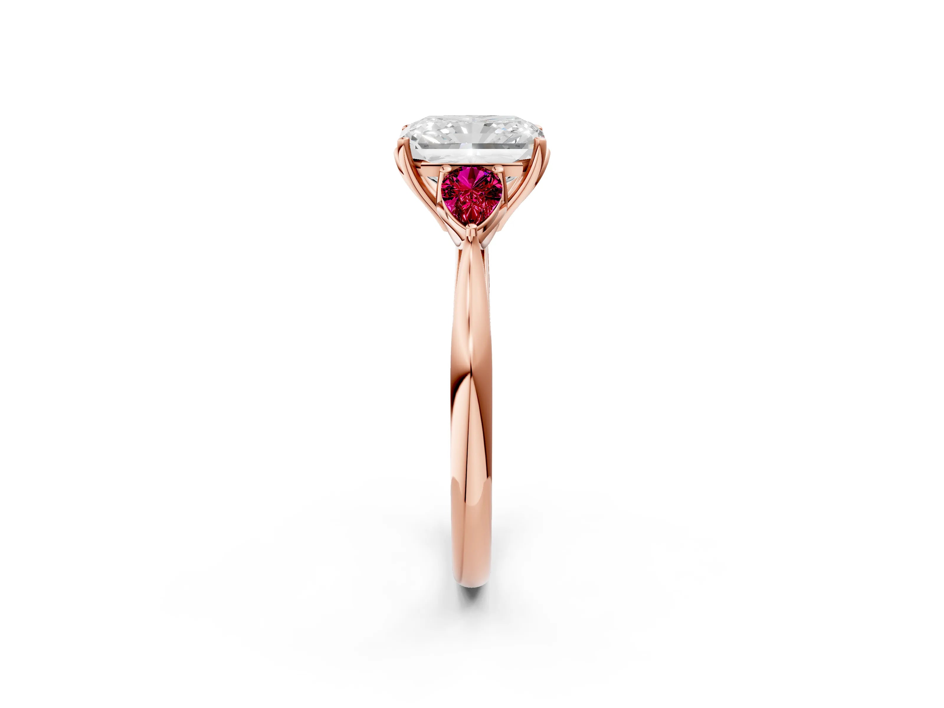 Rose gold Radiant Cut Diamond Three-Stone Ring with Pear with Garnet side stone Side Stones and Prong Setting_2