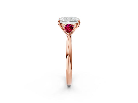 Rose gold Radiant Cut Diamond Three-Stone Ring with Pear with Garnet side stone Side Stones and Prong Setting_2