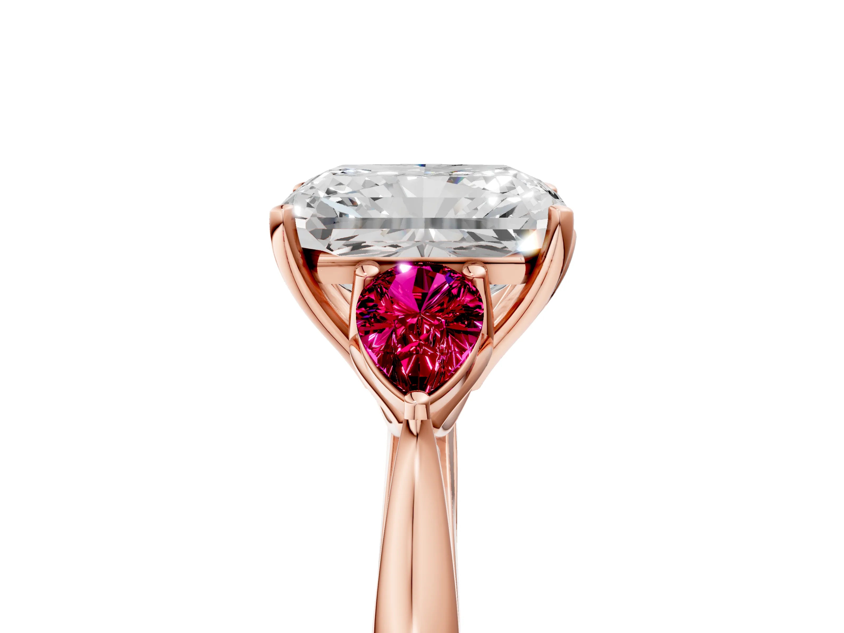 Rose gold Radiant Cut Diamond Three-Stone Ring with Pear with Garnet side stone Side Stones and Prong Setting_5