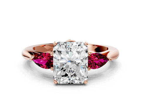 Rose gold Radiant Cut Diamond Three-Stone Ring with Pear with Garnet side stone Side Stones and Prong Setting
