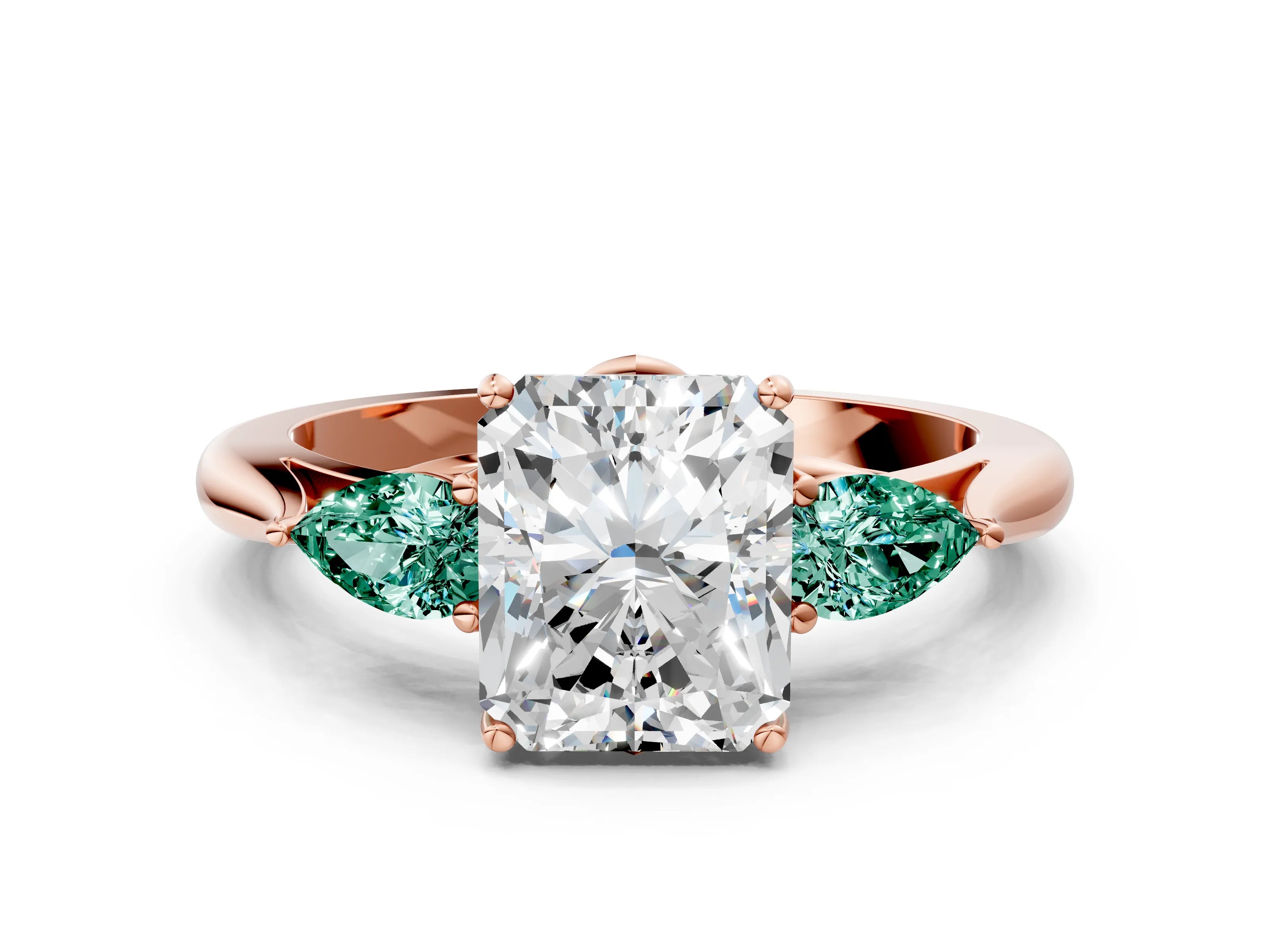 Rose gold Radiant Cut Diamond Three-Stone Ring with Pear with Green Sapphire side stone Side Stones and Prong Setting