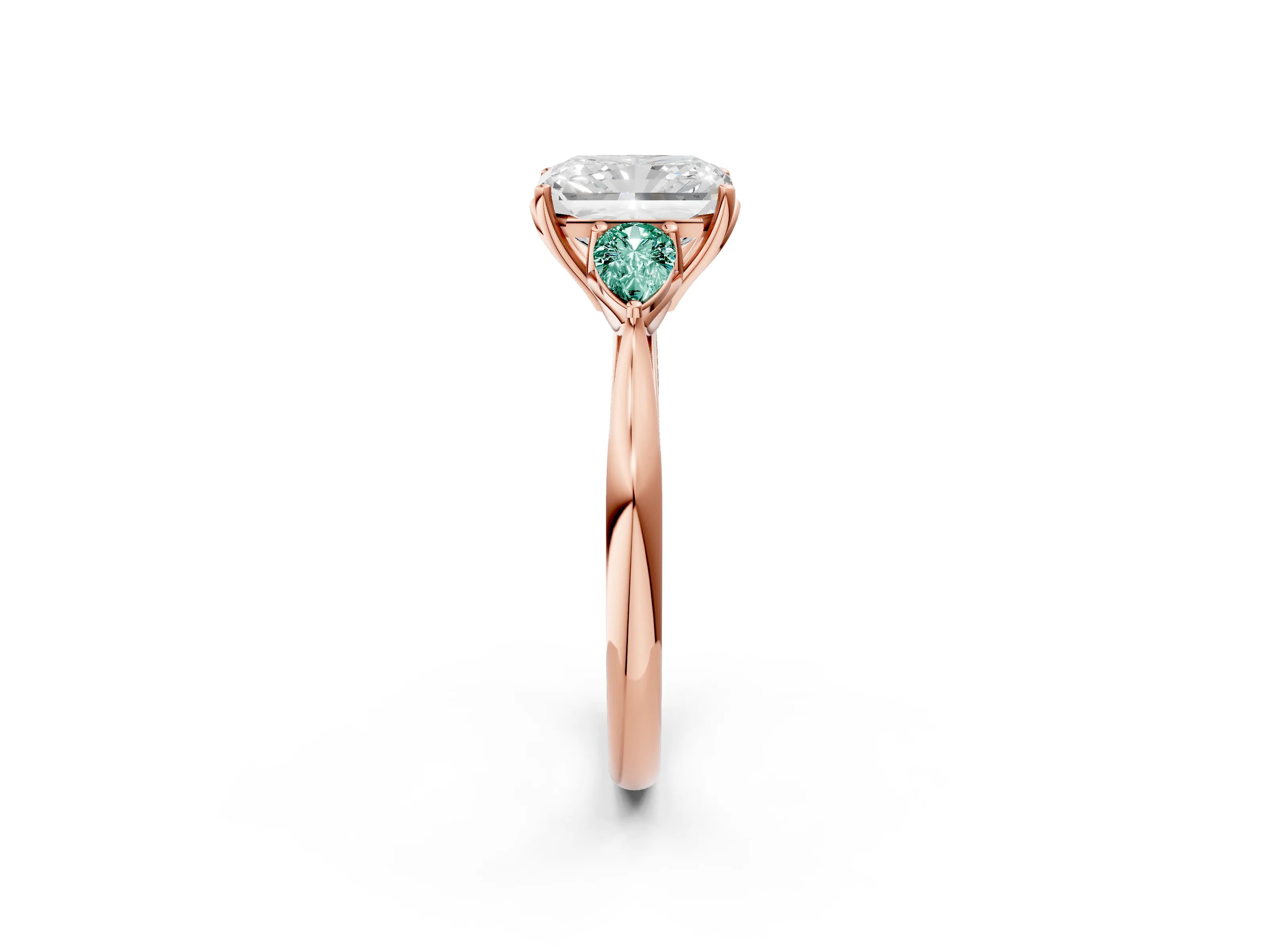Rose gold Radiant Cut Diamond Three-Stone Ring with Pear with Green Sapphire side stone Side Stones and Prong Setting_2