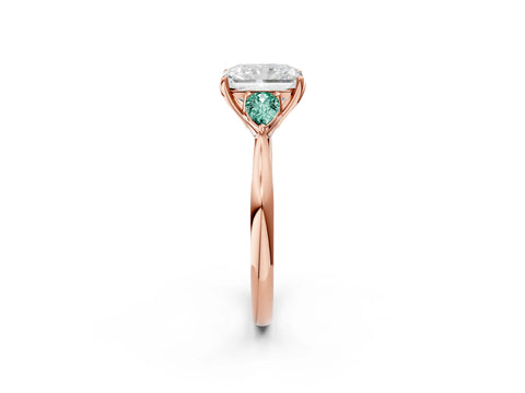 Rose gold Radiant Cut Diamond Three-Stone Ring with Pear with Green Sapphire side stone Side Stones and Prong Setting_2