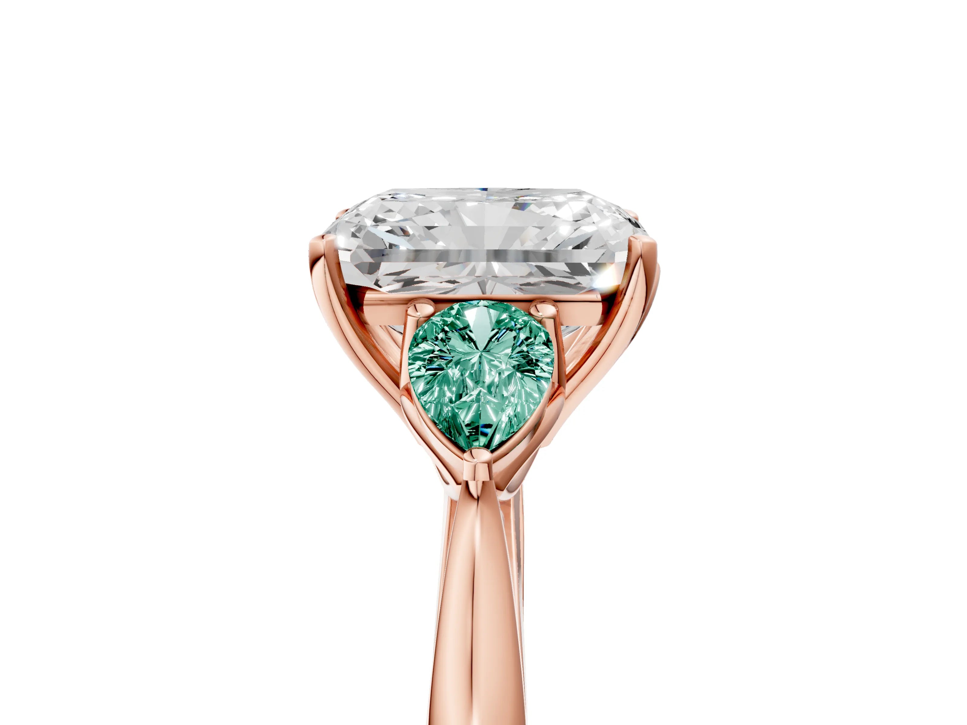 Rose gold Radiant Cut Diamond Three-Stone Ring with Pear with Green Sapphire side stone Side Stones and Prong Setting_5