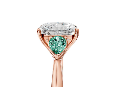 Rose gold Radiant Cut Diamond Three-Stone Ring with Pear with Green Sapphire side stone Side Stones and Prong Setting_5