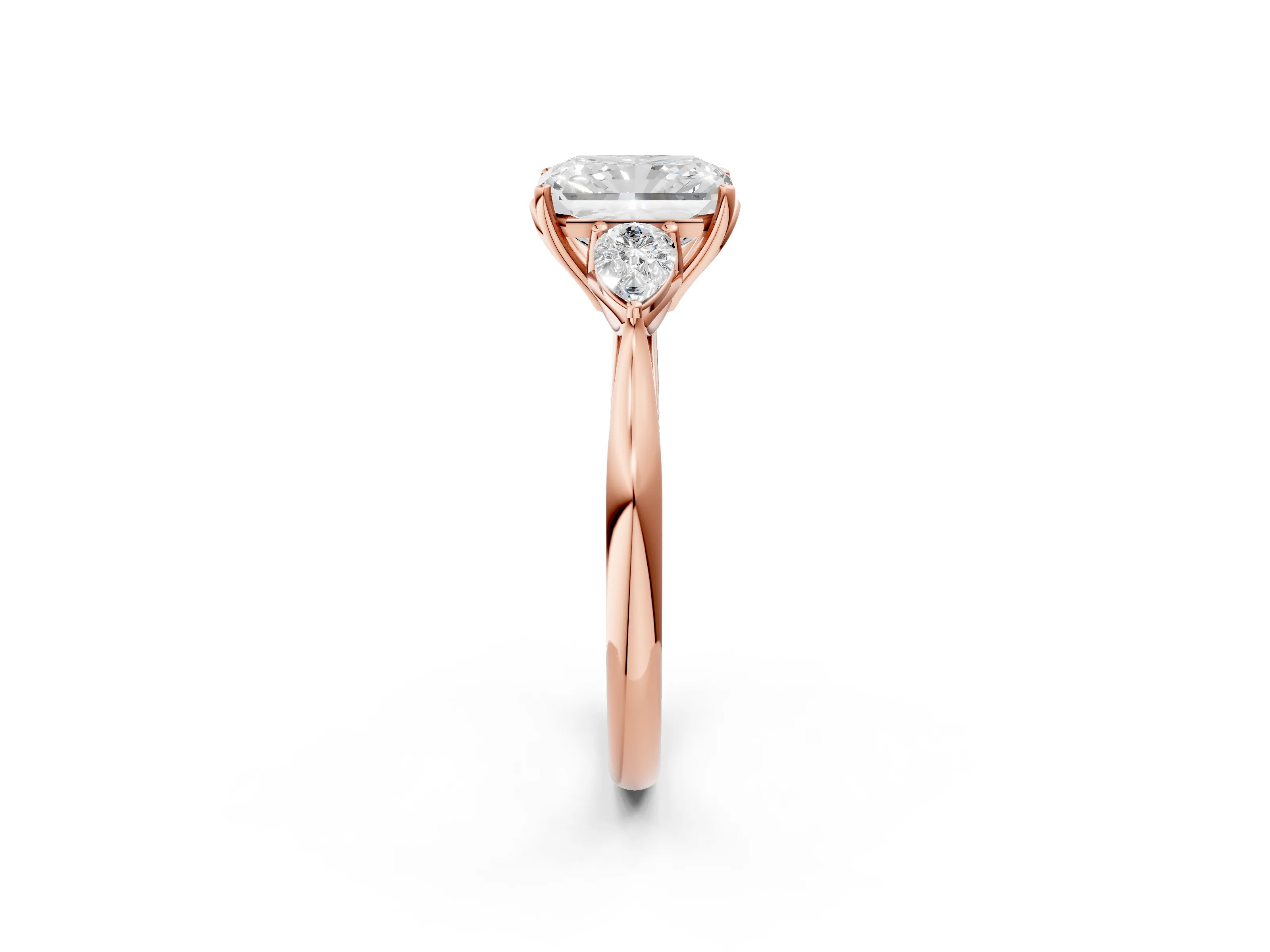 Rose gold Radiant Cut Diamond Three-Stone Ring with Pear with Moissanite side stone Side Stones and Prong Setting_2