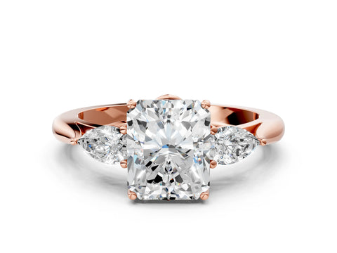 Rose gold Radiant Cut Diamond Three-Stone Ring with Pear with Moissanite side stone Side Stones and Prong Setting