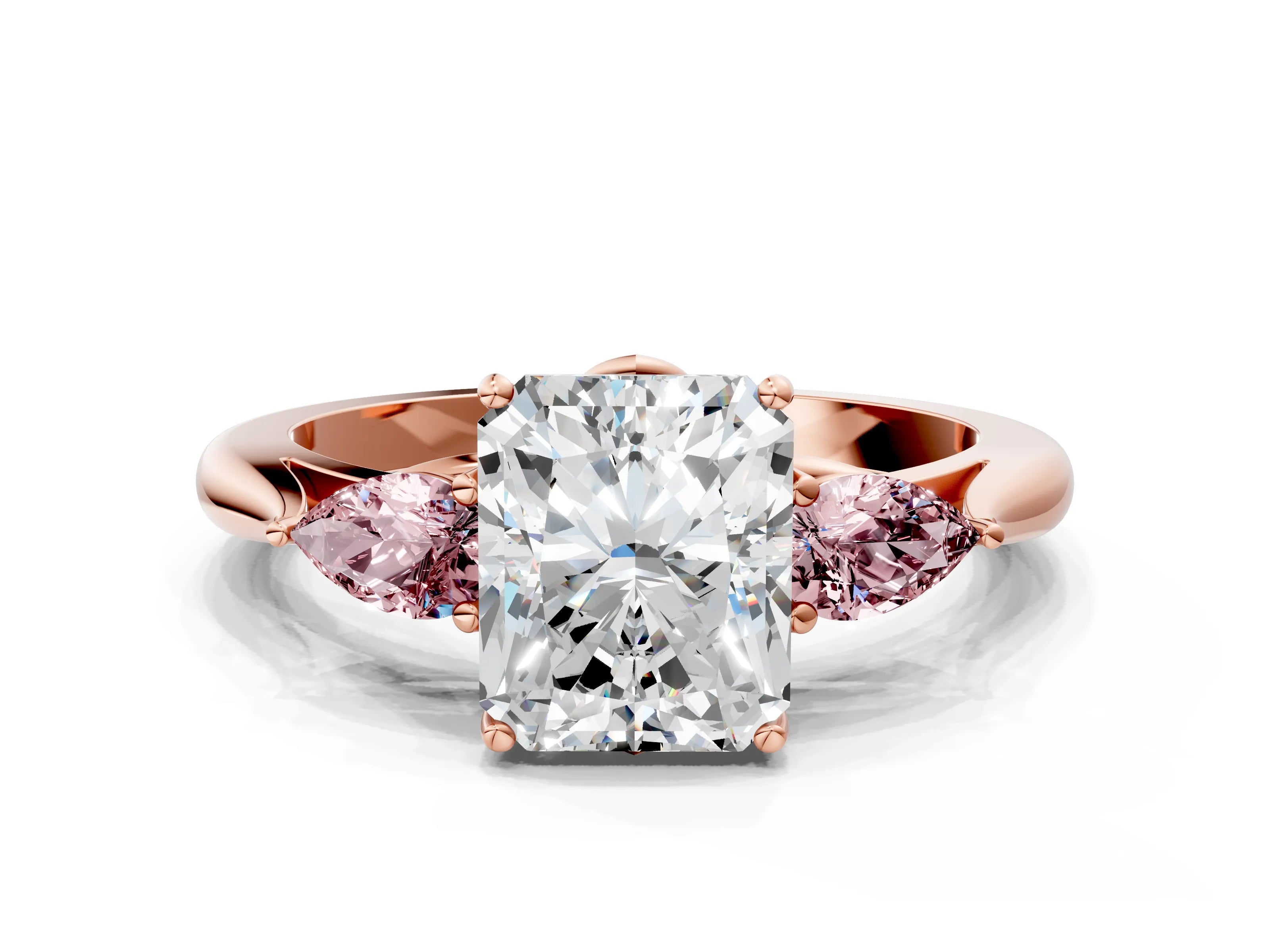 Rose gold Radiant Cut Diamond Three-Stone Ring with Pear with Morganite side stone Side Stones and Prong Setting