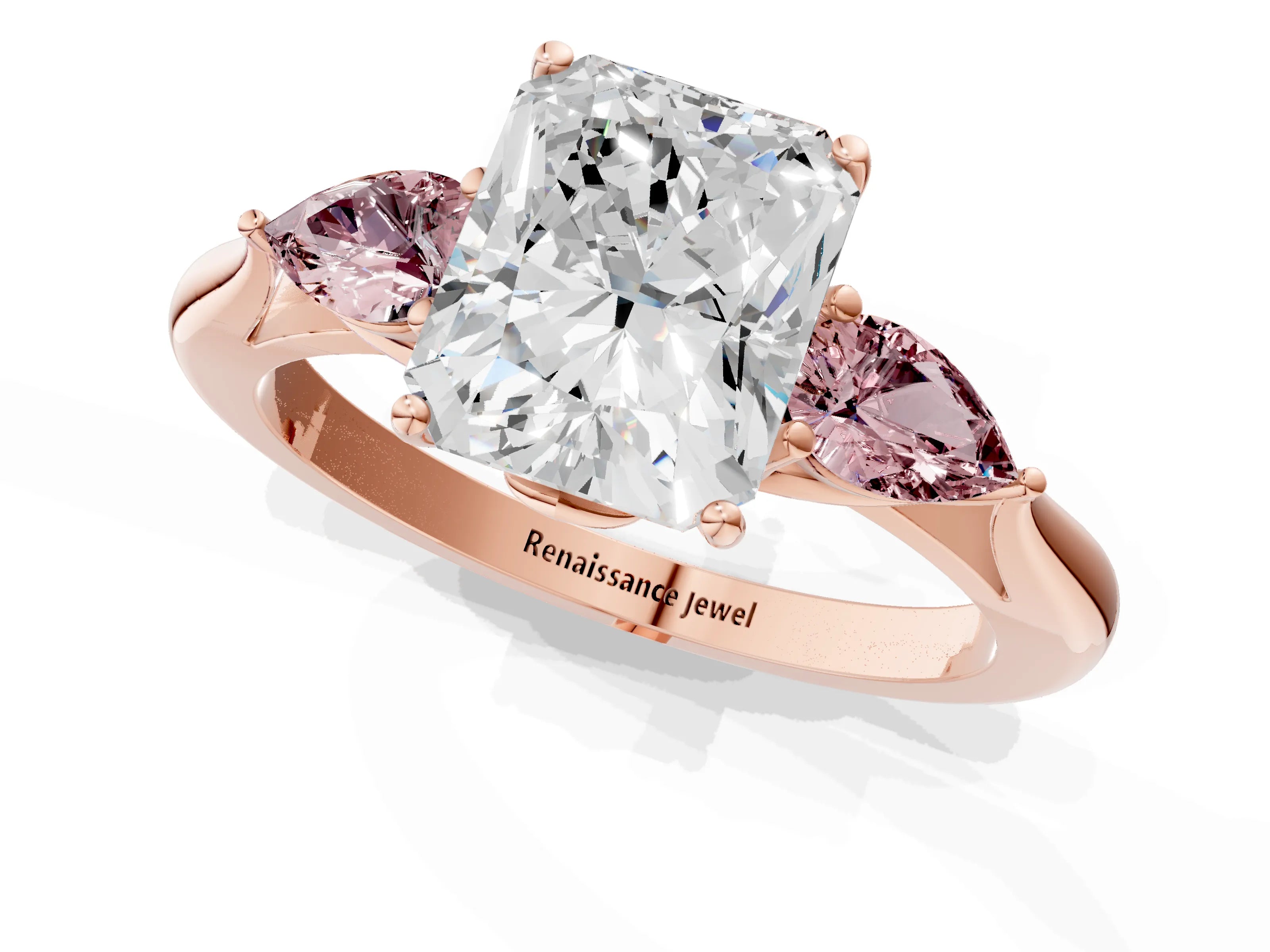 Rose gold Radiant Cut Diamond Three-Stone Ring with Pear with Morganite side stone Side Stones and Prong Setting_1