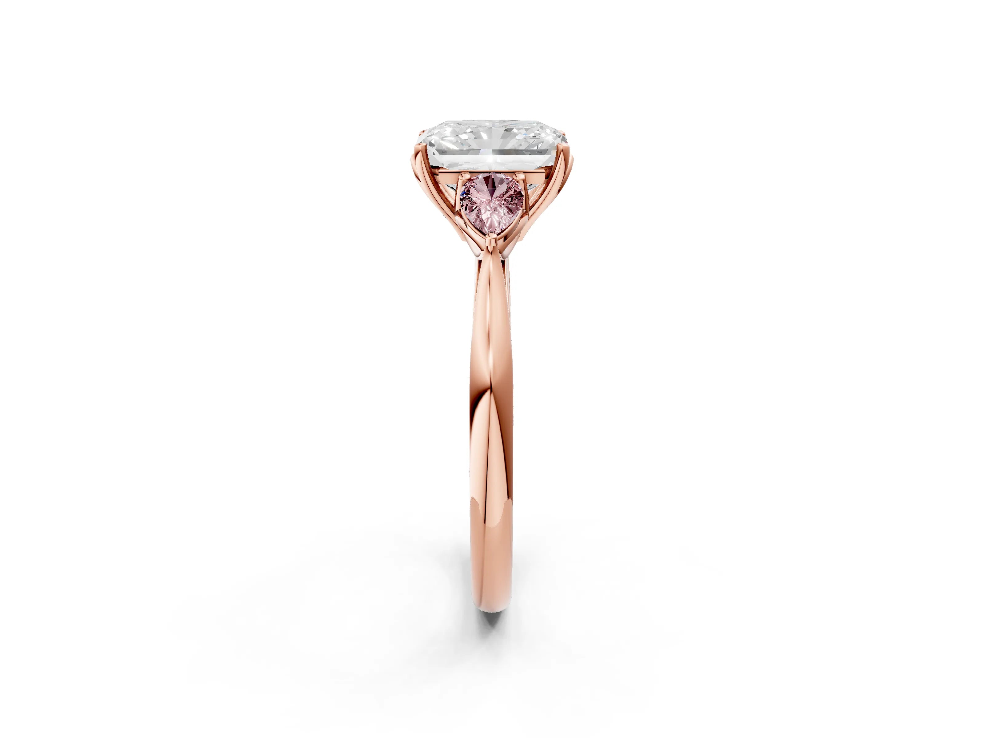 Rose gold Radiant Cut Diamond Three-Stone Ring with Pear with Morganite side stone Side Stones and Prong Setting_2
