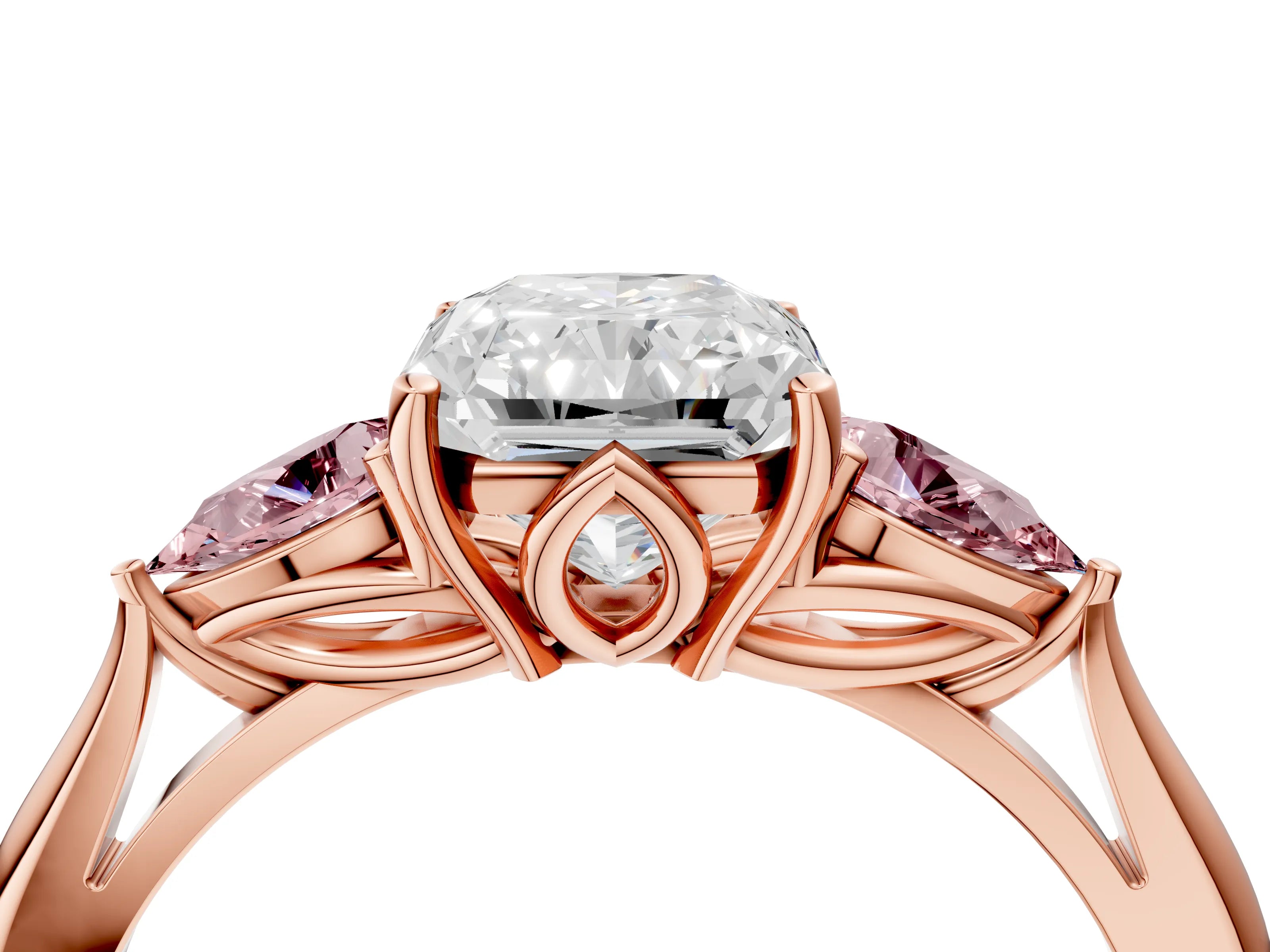 Rose gold Radiant Cut Diamond Three-Stone Ring with Pear with Morganite side stone Side Stones and Prong Setting_4