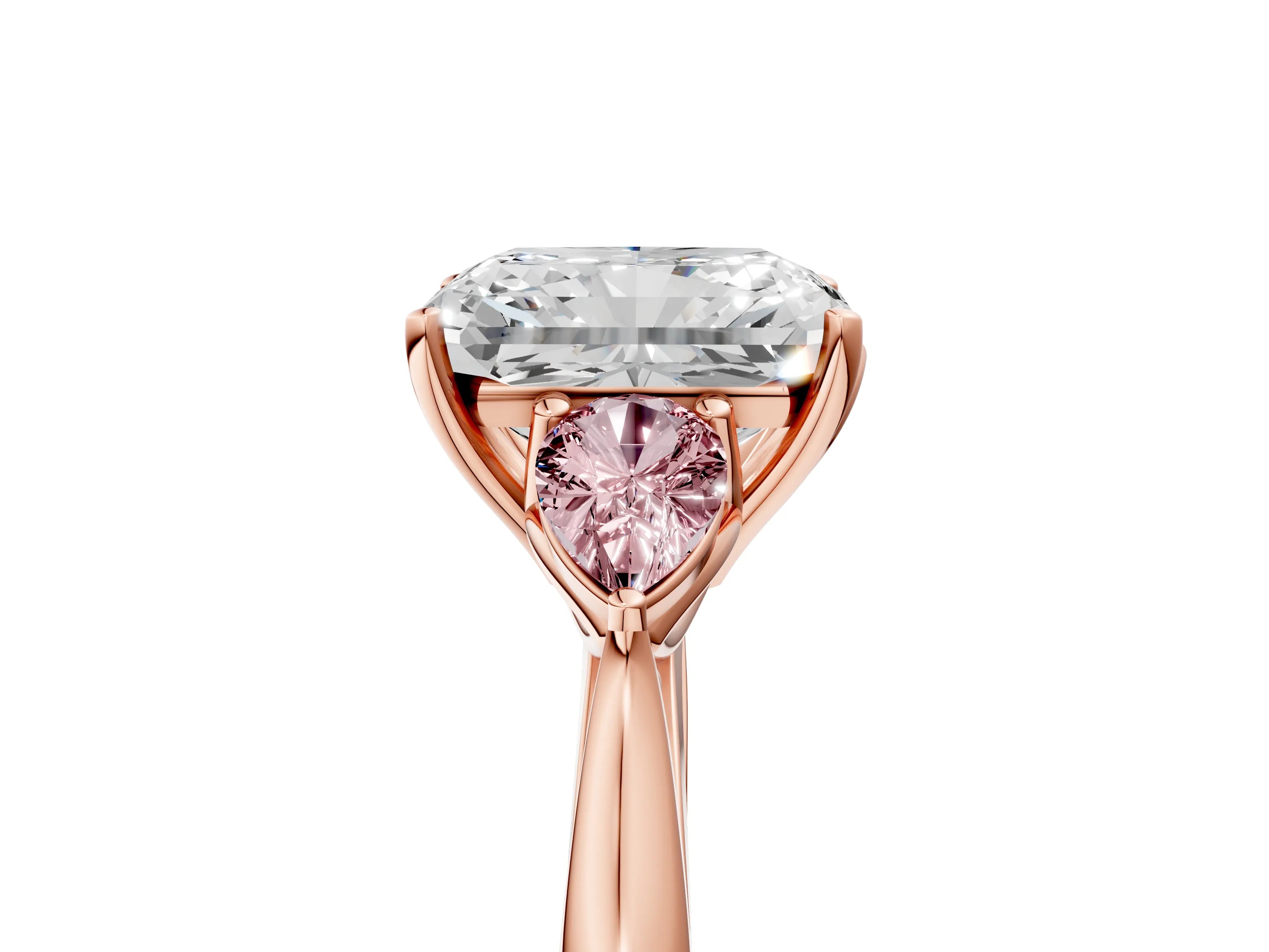 Rose gold Radiant Cut Diamond Three-Stone Ring with Pear with Morganite side stone Side Stones and Prong Setting_5