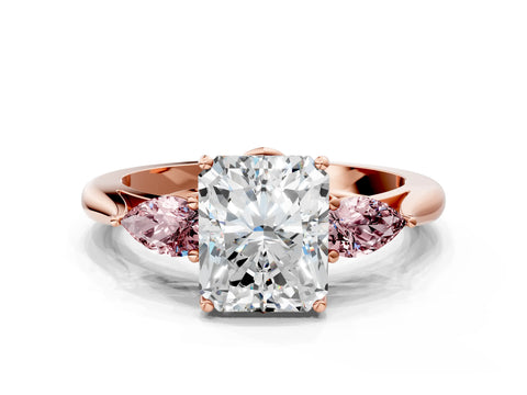 Rose gold Radiant Cut Diamond Three-Stone Ring with Pear with Morganite side stone Side Stones and Prong Setting