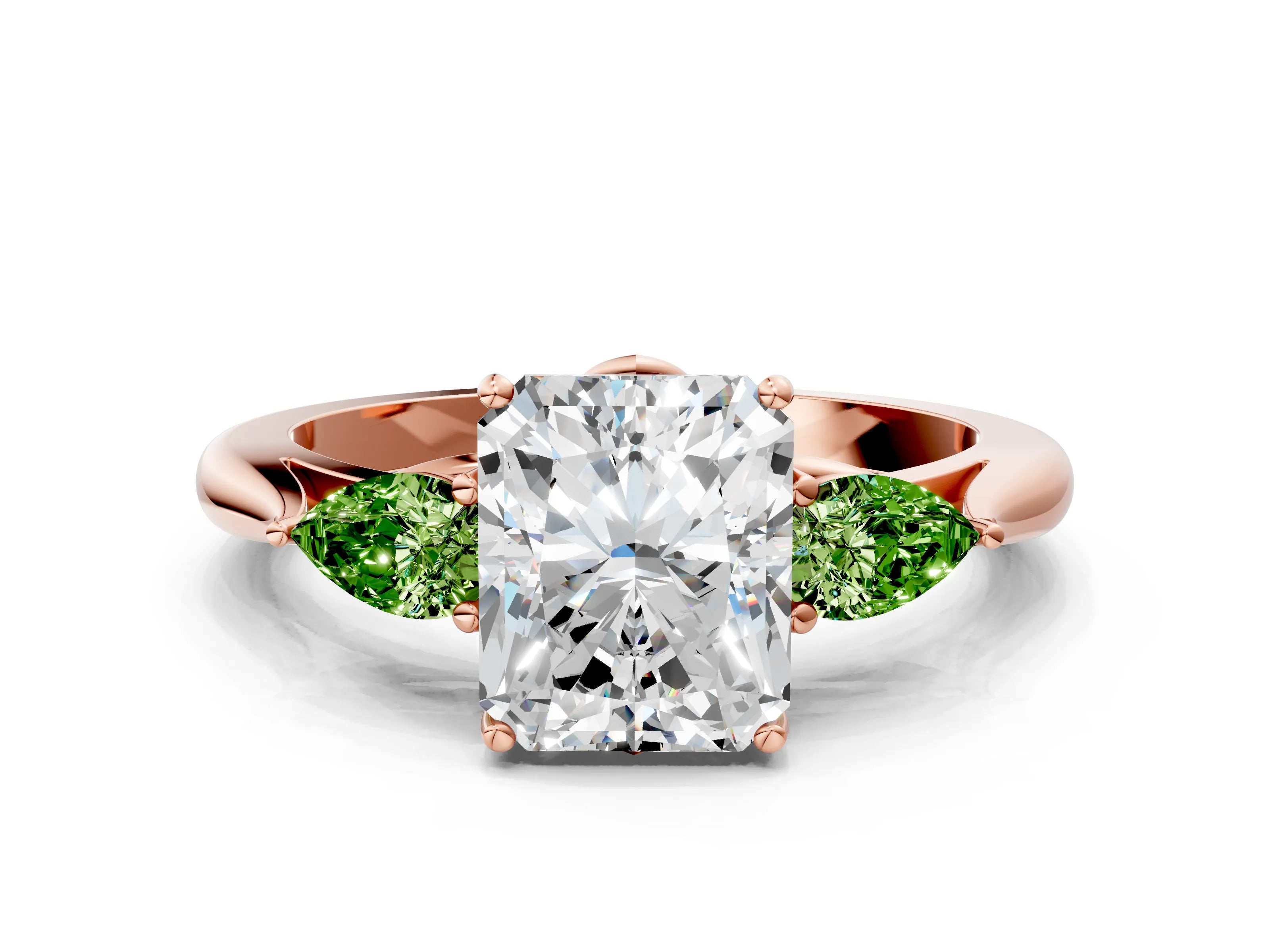 Rose gold Radiant Cut Diamond Three-Stone Ring with Pear with Peridot side stone Side Stones and Prong Setting