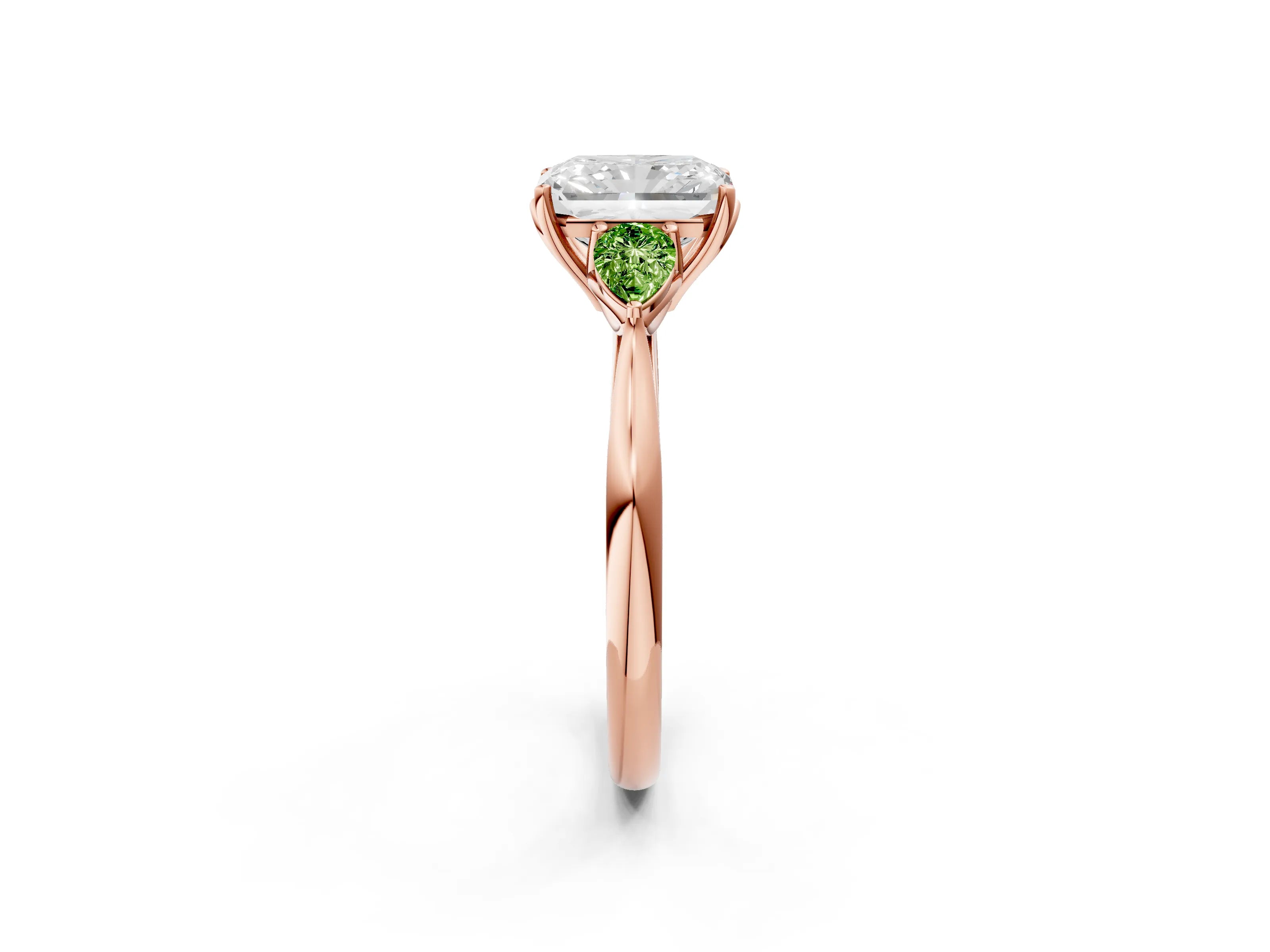 Rose gold Radiant Cut Diamond Three-Stone Ring with Pear with Peridot side stone Side Stones and Prong Setting_2