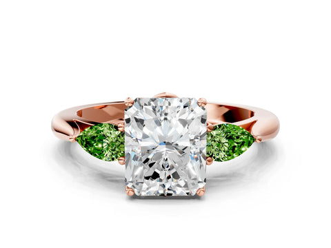 Rose gold Radiant Cut Diamond Three-Stone Ring with Pear with Peridot side stone Side Stones and Prong Setting