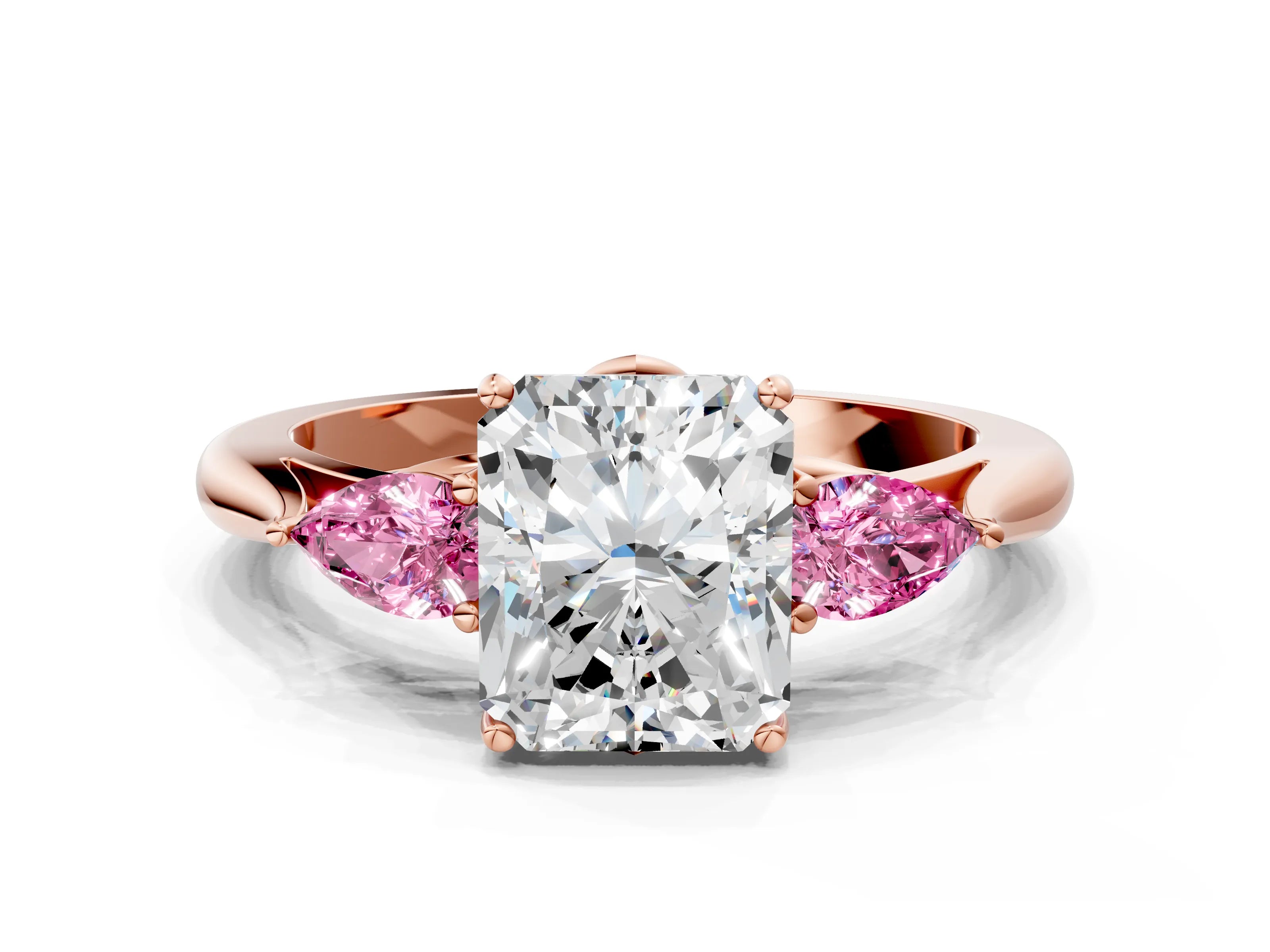 Rose gold Radiant Cut Diamond Three-Stone Ring with Pear with Pink Sapphire side stone Side Stones and Prong Setting