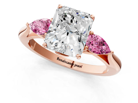 Rose gold Radiant Cut Diamond Three-Stone Ring with Pear with Pink Sapphire side stone Side Stones and Prong Setting_1