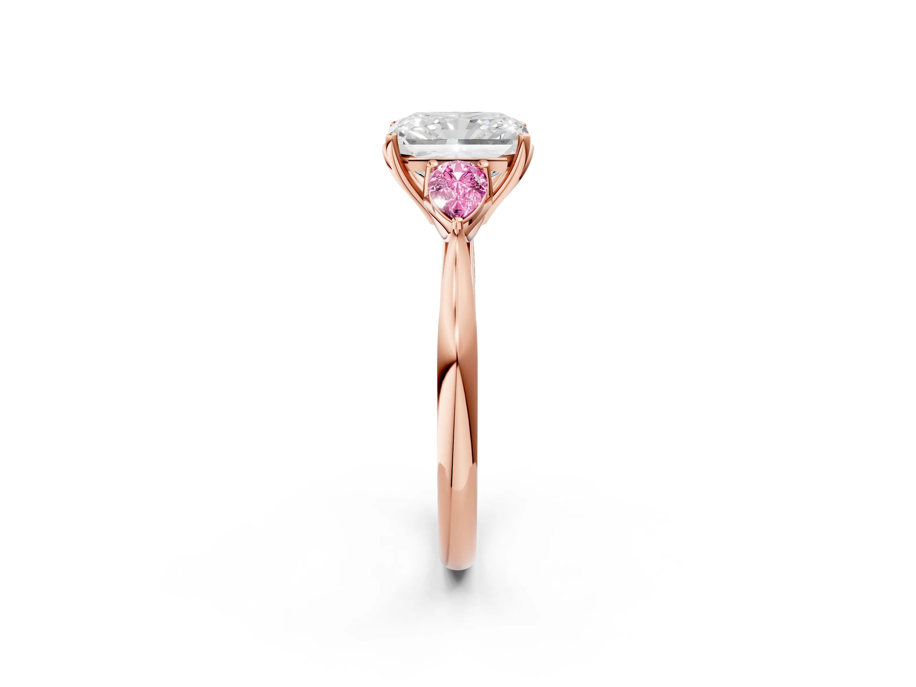 Rose gold Radiant Cut Diamond Three-Stone Ring with Pear with Pink Sapphire side stone Side Stones and Prong Setting_2