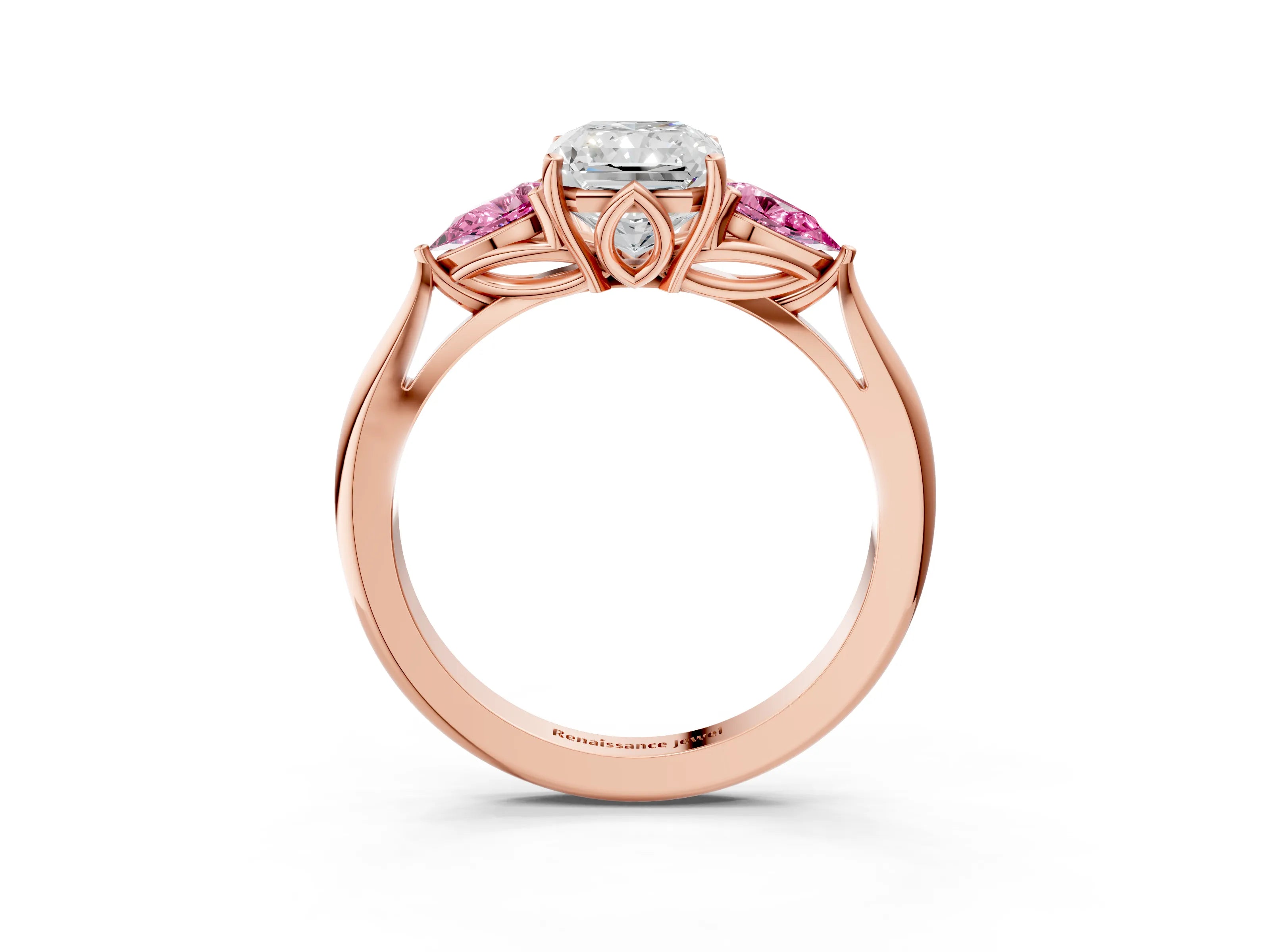 Rose gold Radiant Cut Diamond Three-Stone Ring with Pear with Pink Sapphire side stone Side Stones and Prong Setting_3