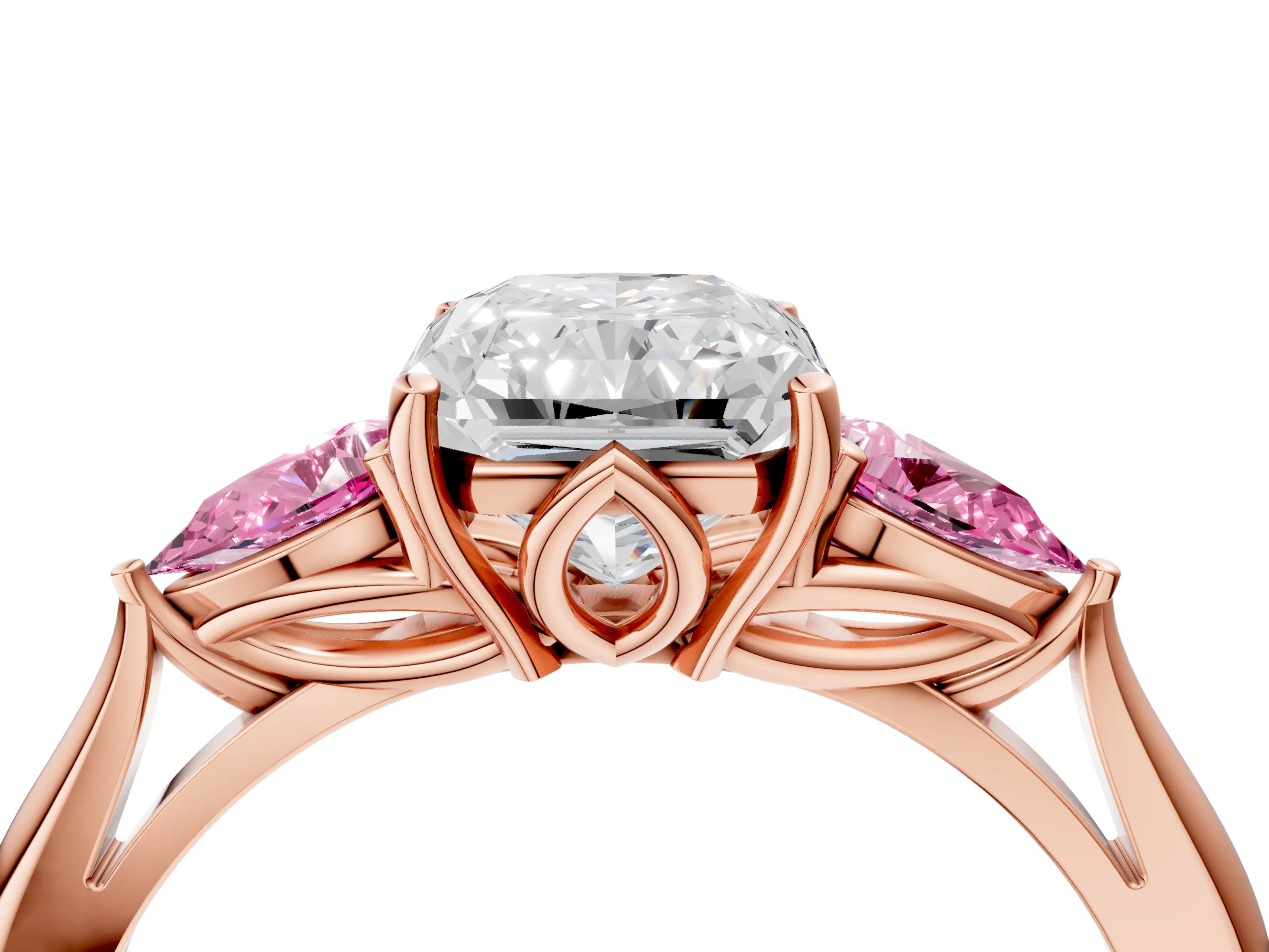 Rose gold Radiant Cut Diamond Three-Stone Ring with Pear with Pink Sapphire side stone Side Stones and Prong Setting_4
