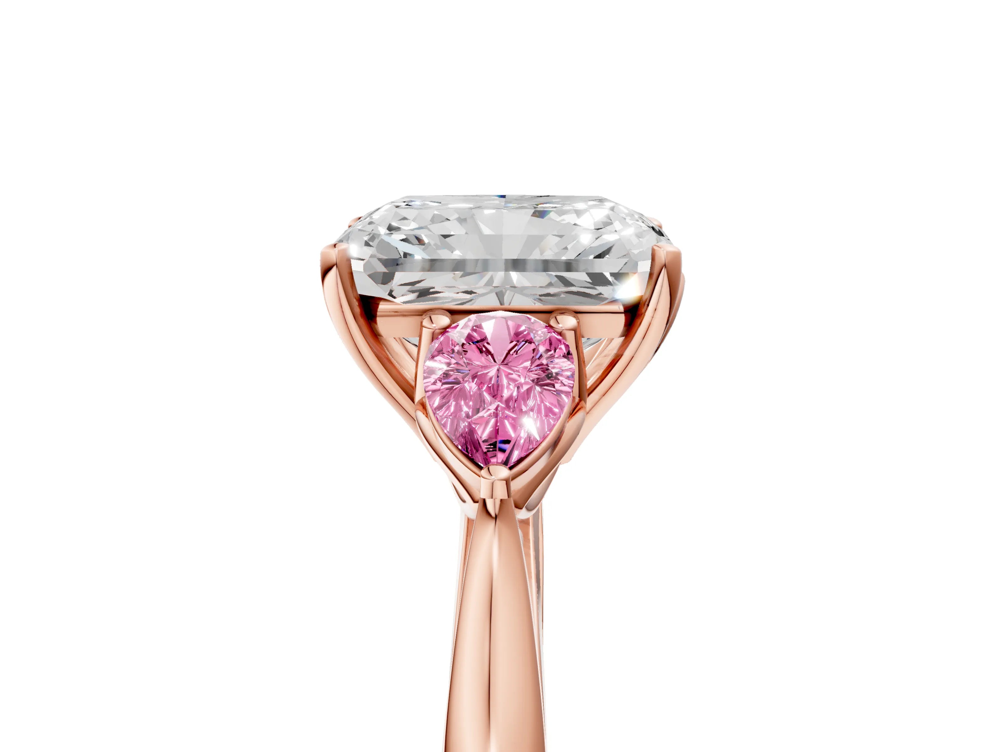 Rose gold Radiant Cut Diamond Three-Stone Ring with Pear with Pink Sapphire side stone Side Stones and Prong Setting_5