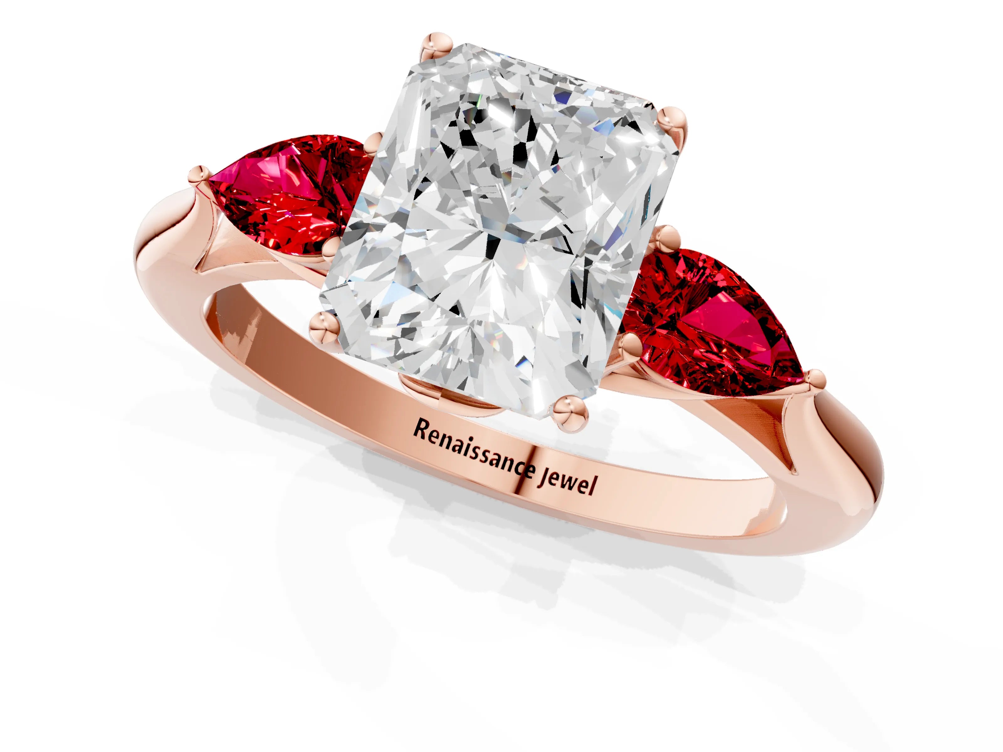 Rose gold Radiant Cut Diamond Three-Stone Ring with Pear with Ruby side stone Side Stones and Prong Setting_1