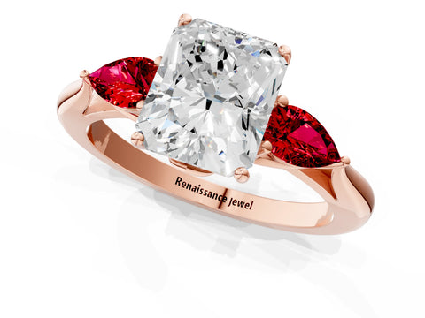 Rose gold Radiant Cut Diamond Three-Stone Ring with Pear with Ruby side stone Side Stones and Prong Setting_1