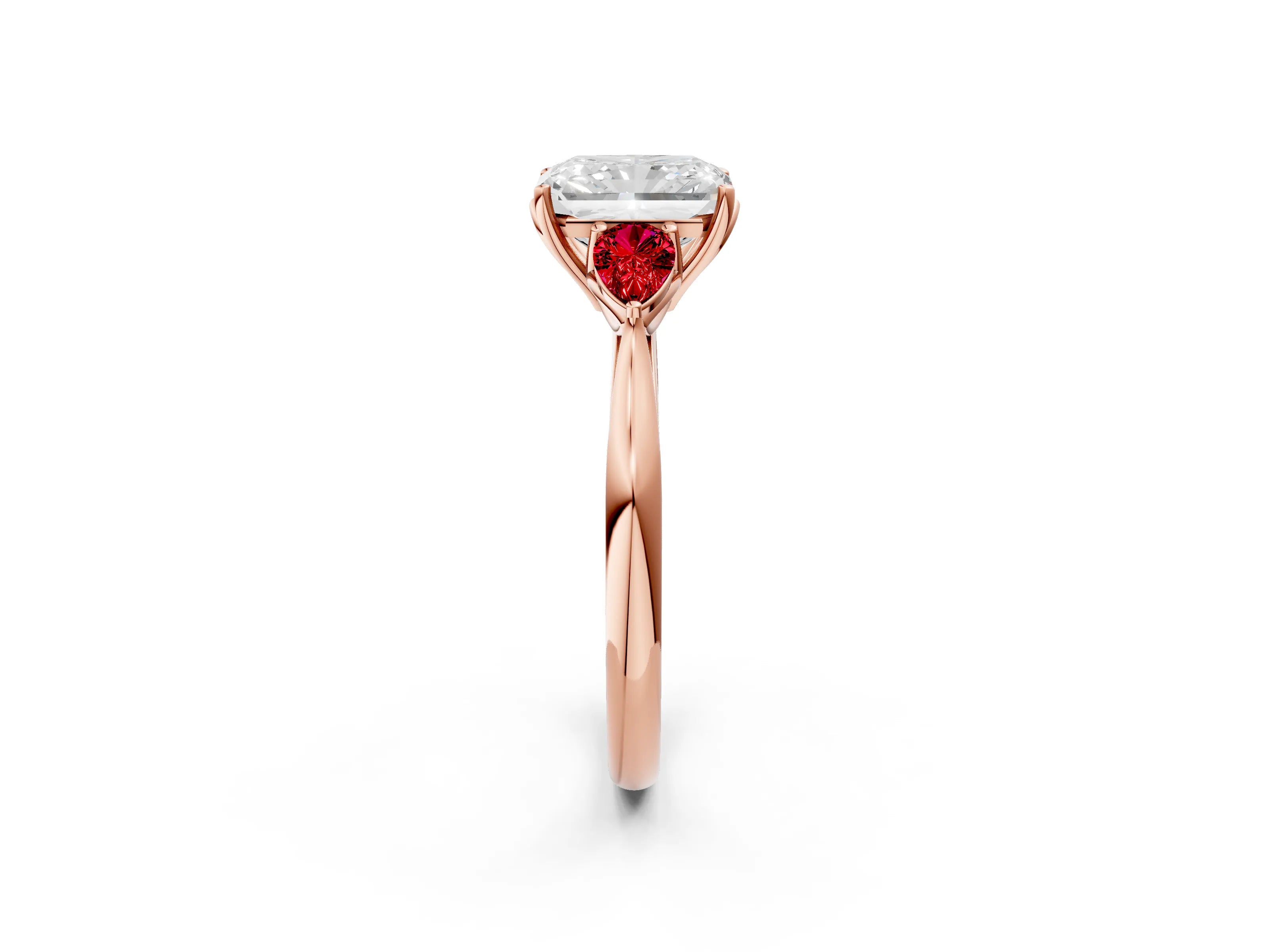 Rose gold Radiant Cut Diamond Three-Stone Ring with Pear with Ruby side stone Side Stones and Prong Setting_2