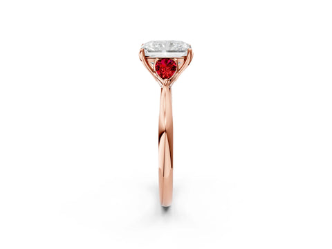 Rose gold Radiant Cut Diamond Three-Stone Ring with Pear with Ruby side stone Side Stones and Prong Setting_2