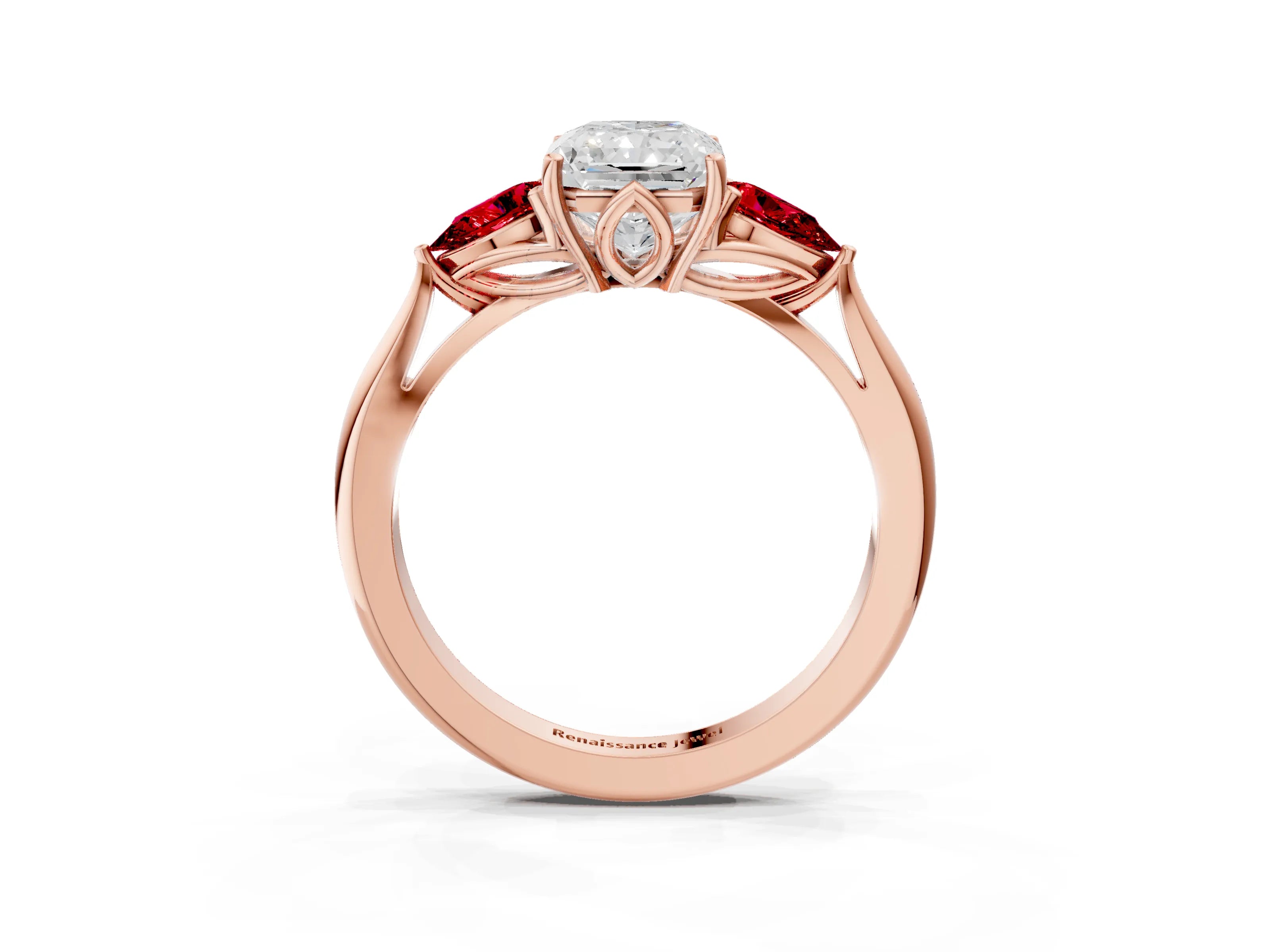 Rose gold Radiant Cut Diamond Three-Stone Ring with Pear with Ruby side stone Side Stones and Prong Setting_3