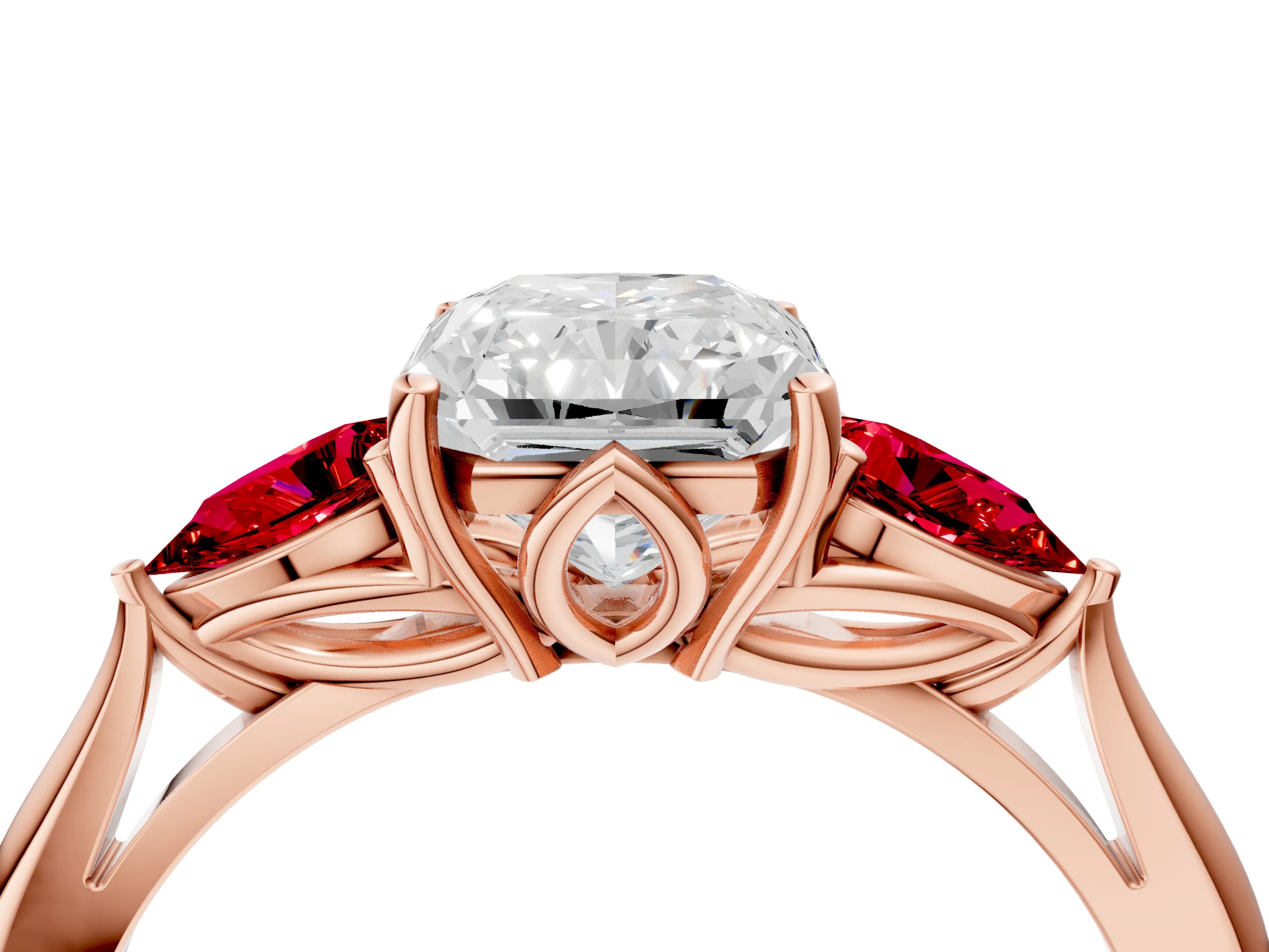 Rose gold Radiant Cut Diamond Three-Stone Ring with Pear with Ruby side stone Side Stones and Prong Setting_4