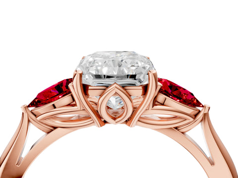 Rose gold Radiant Cut Diamond Three-Stone Ring with Pear with Ruby side stone Side Stones and Prong Setting_4
