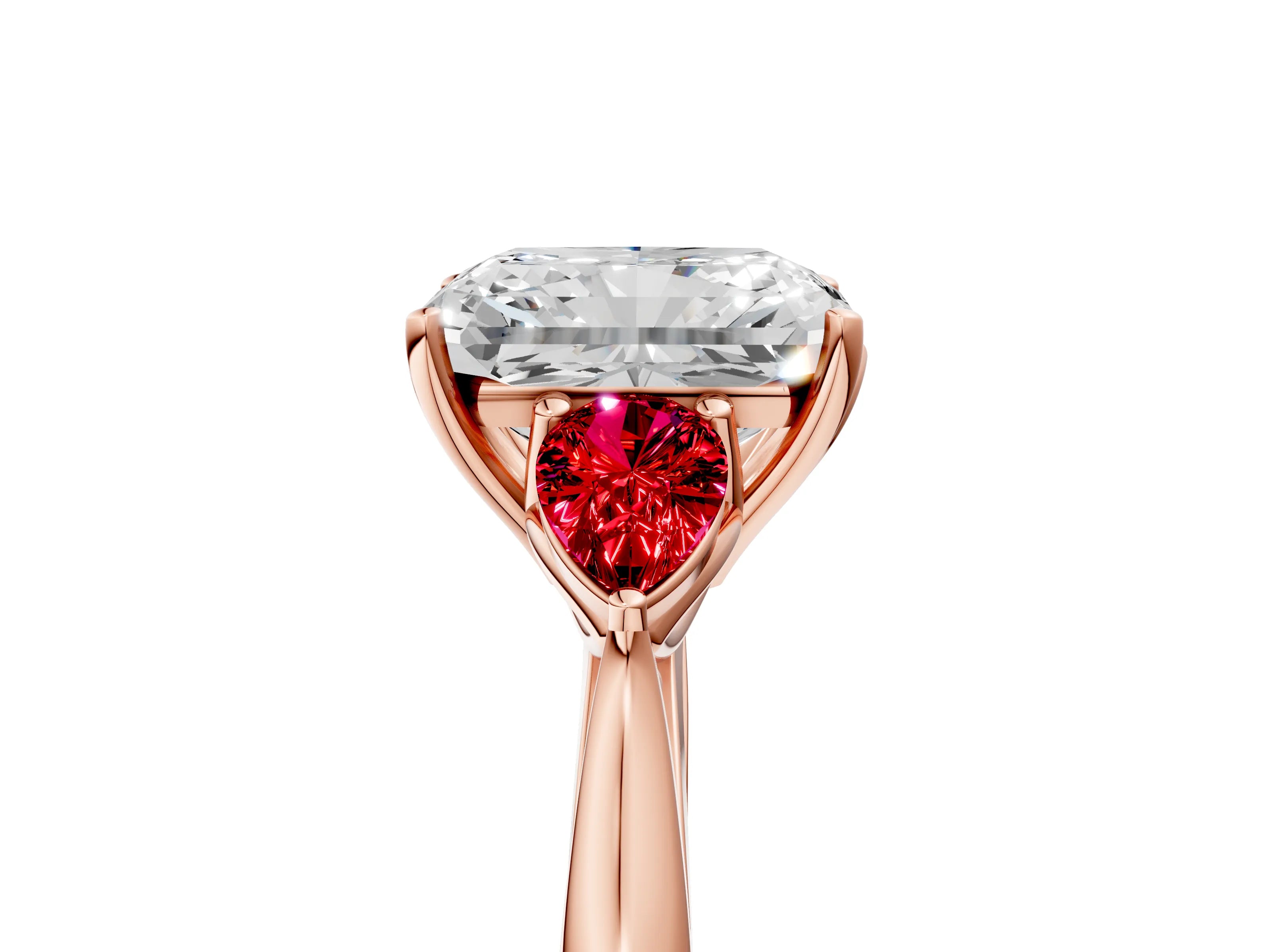 Rose gold Radiant Cut Diamond Three-Stone Ring with Pear with Ruby side stone Side Stones and Prong Setting_5