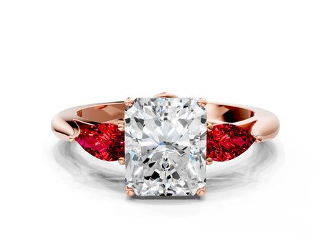 Rose gold Radiant Cut Diamond Three-Stone Ring with Pear with Ruby side stone Side Stones and Prong Setting