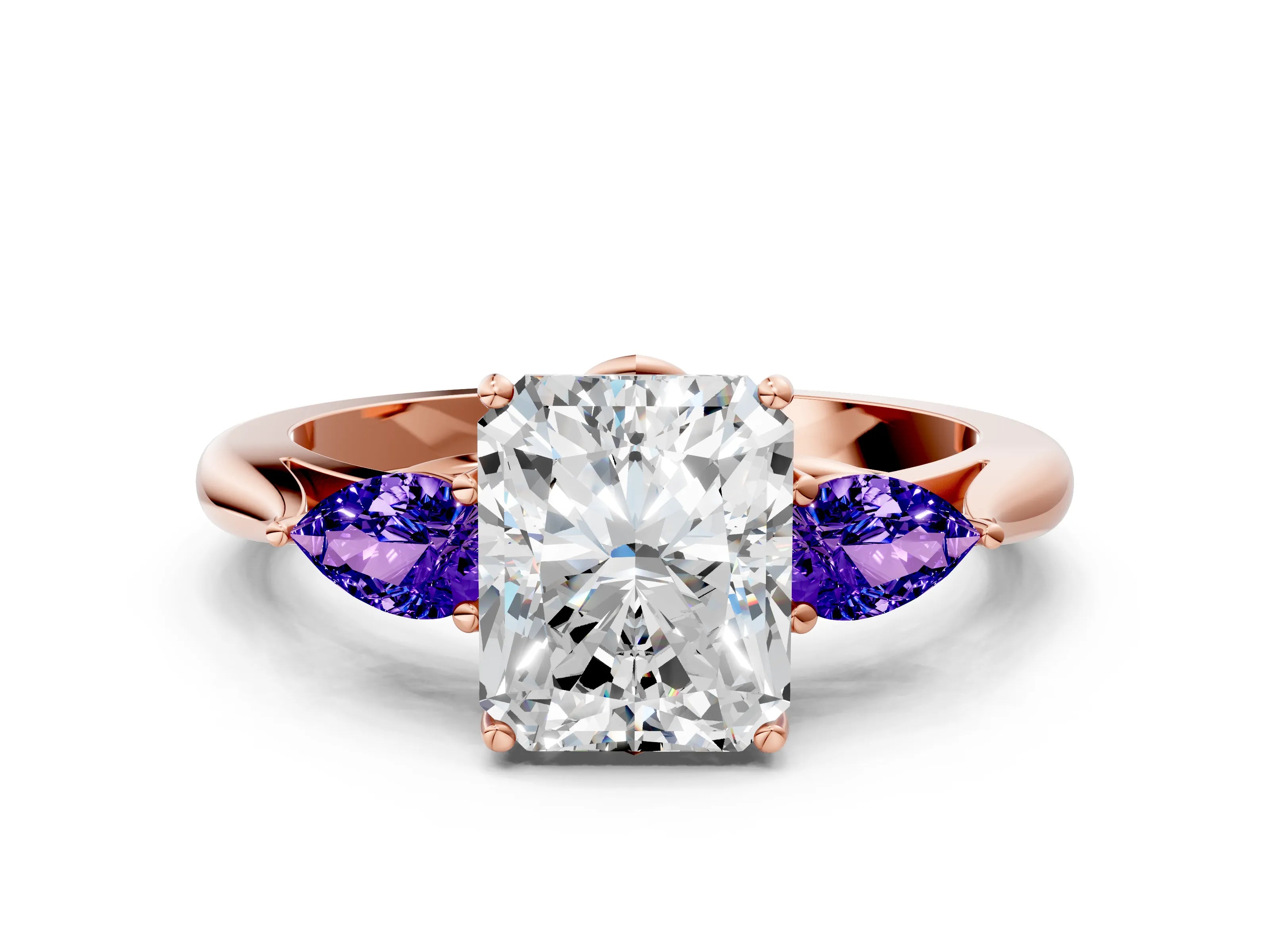 Rose gold Radiant Cut Diamond Three-Stone Ring with Pear with Tanzanite side stone Side Stones and Prong Setting