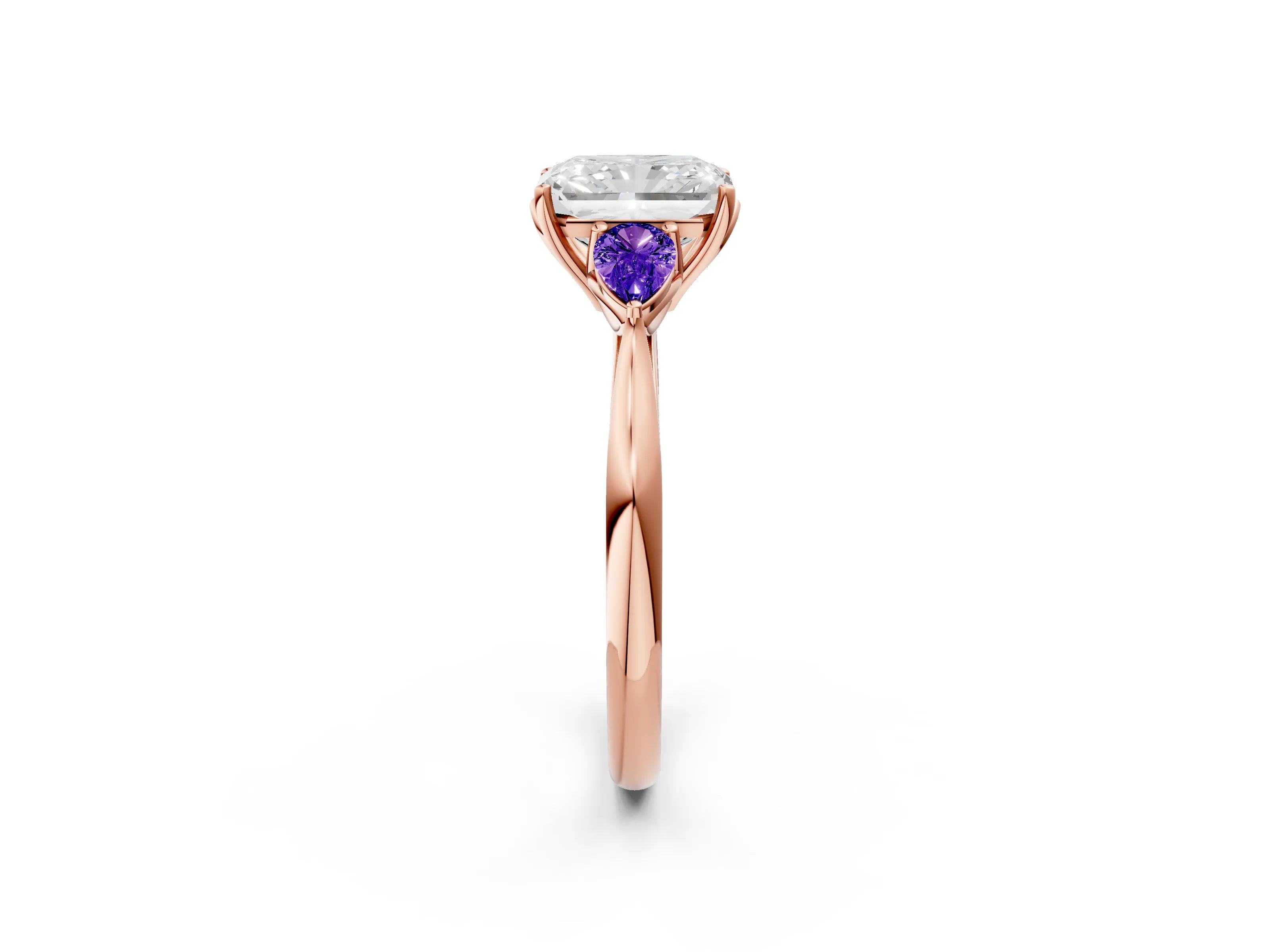 Rose gold Radiant Cut Diamond Three-Stone Ring with Pear with Tanzanite side stone Side Stones and Prong Setting_2