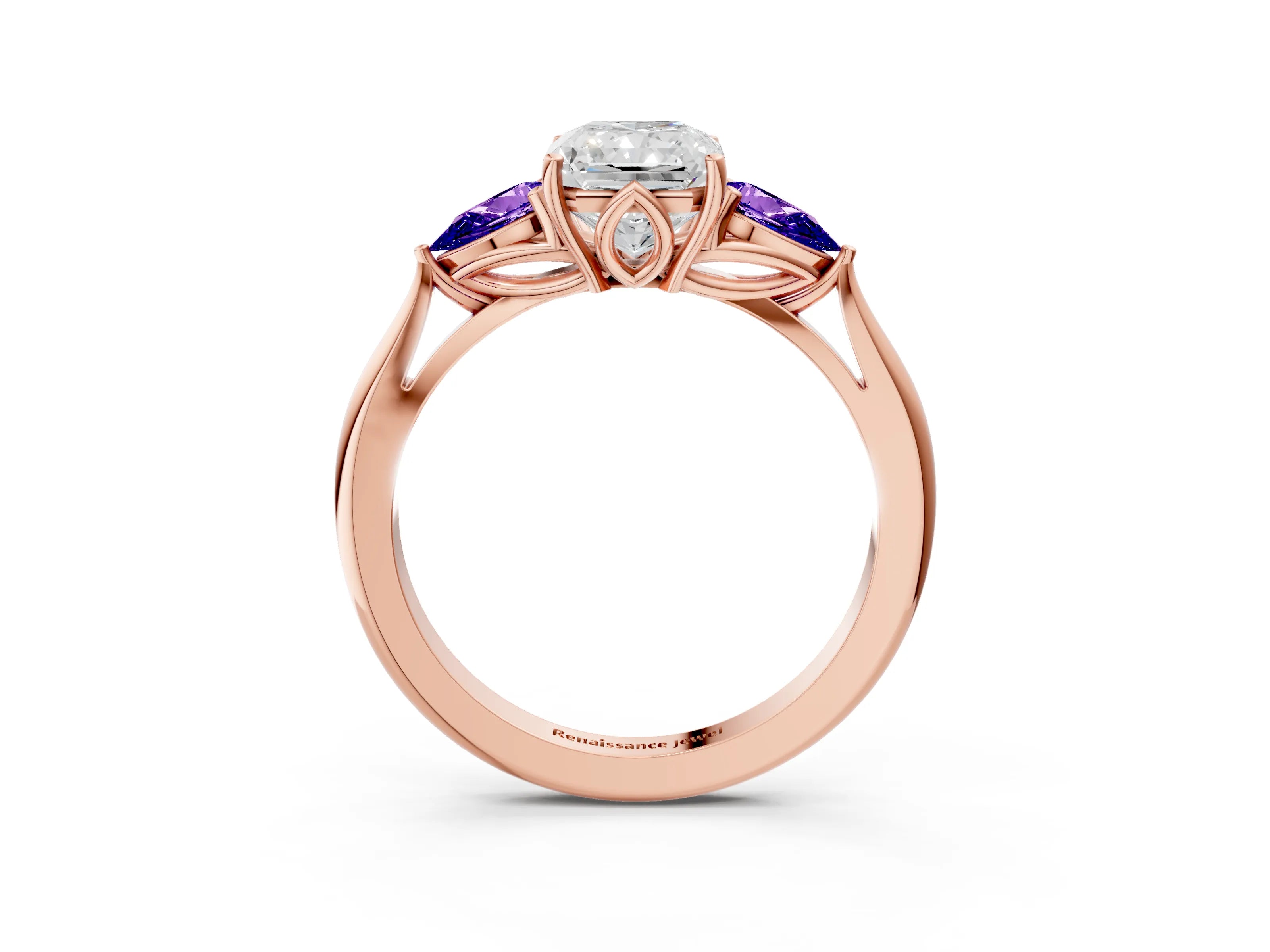Rose gold Radiant Cut Diamond Three-Stone Ring with Pear with Tanzanite side stone Side Stones and Prong Setting_3