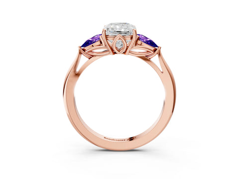 Rose gold Radiant Cut Diamond Three-Stone Ring with Pear with Tanzanite side stone Side Stones and Prong Setting_3