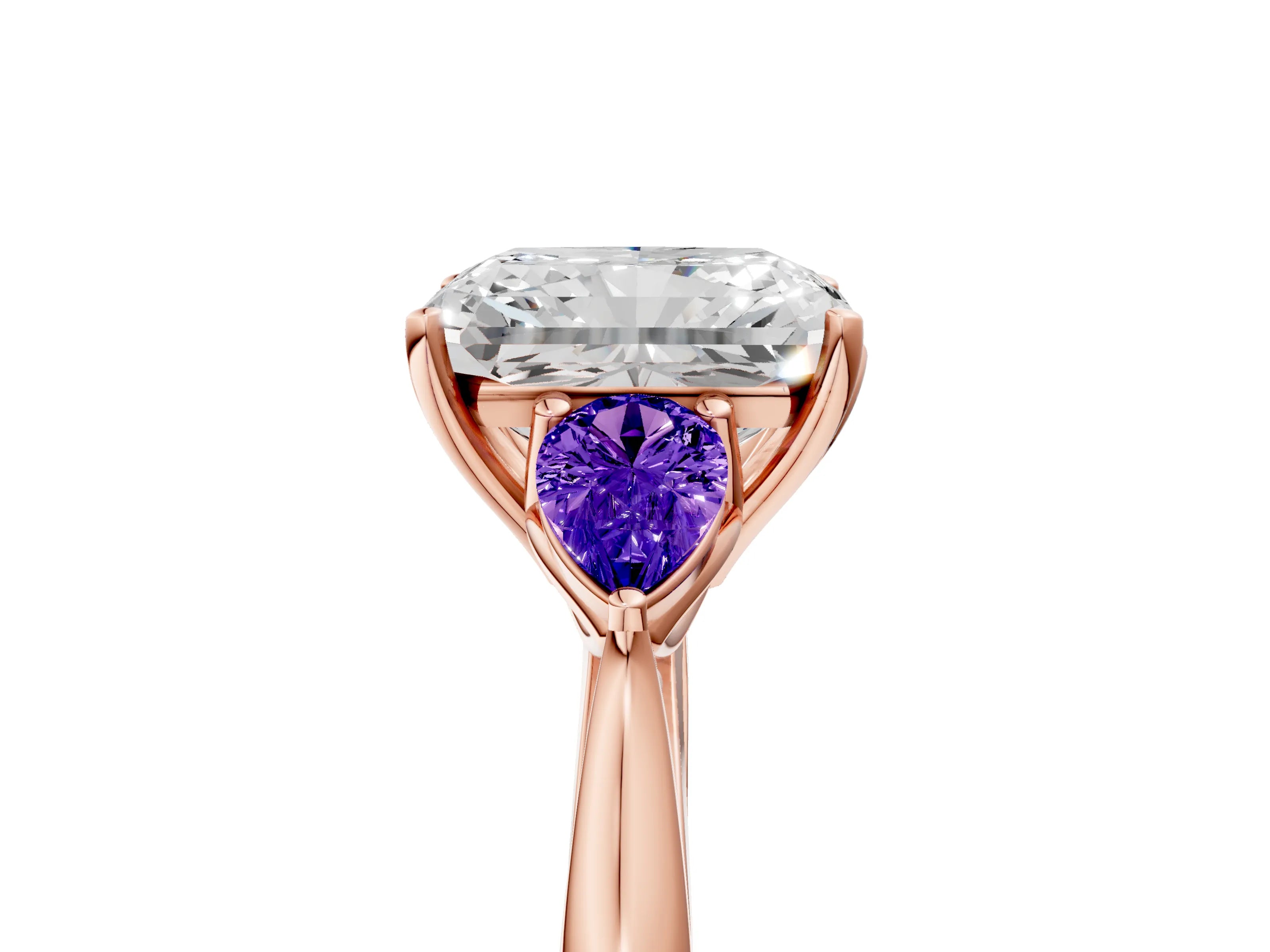 Rose gold Radiant Cut Diamond Three-Stone Ring with Pear with Tanzanite side stone Side Stones and Prong Setting_5