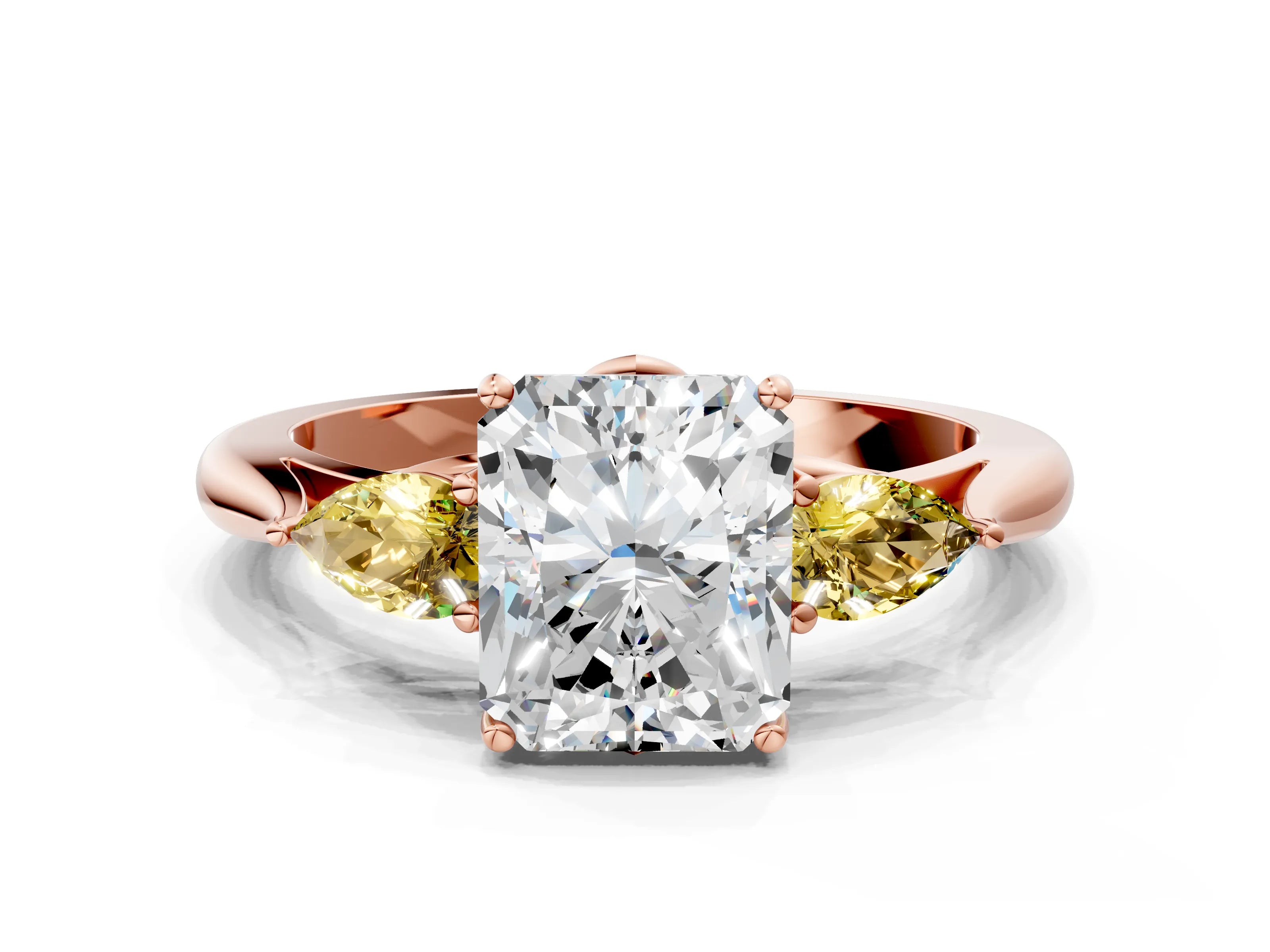 Rose gold Radiant Cut Diamond Three-Stone Ring with Pear with Yellow Sapphire side stone Side Stones and Prong Setting