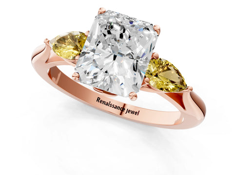 Rose gold Radiant Cut Diamond Three-Stone Ring with Pear with Yellow Sapphire side stone Side Stones and Prong Setting_1