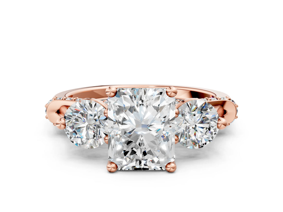 Rose gold Radiant Cut Diamond Three-Stone Ring with Prong Setting and Pavé Band_3