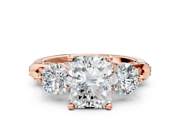 Rose Gold Radiant Cut Curved Pave Three Stone Engagement Ring Setting