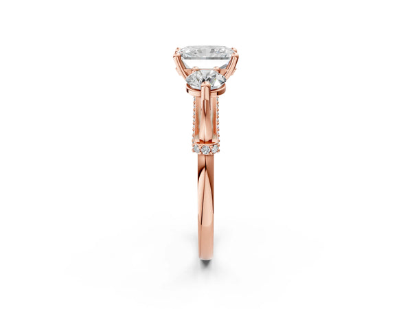 Rose Gold Radiant Cut Curved Pave Three Stone Engagement Ring Setting