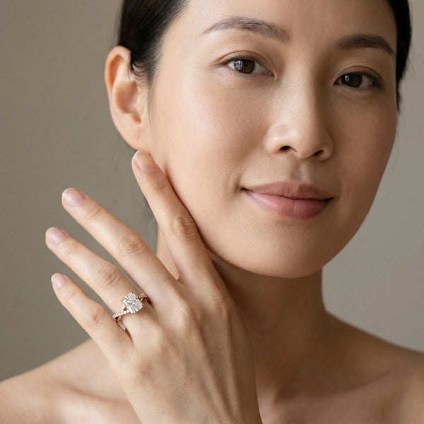Rose gold Radiant Cut Diamond Twist Band Solitaire with Prong Setting