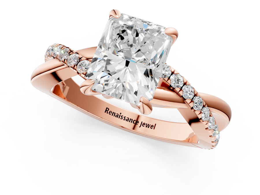 Rose gold Radiant Cut Diamond Twist Band Solitaire with Prong Setting